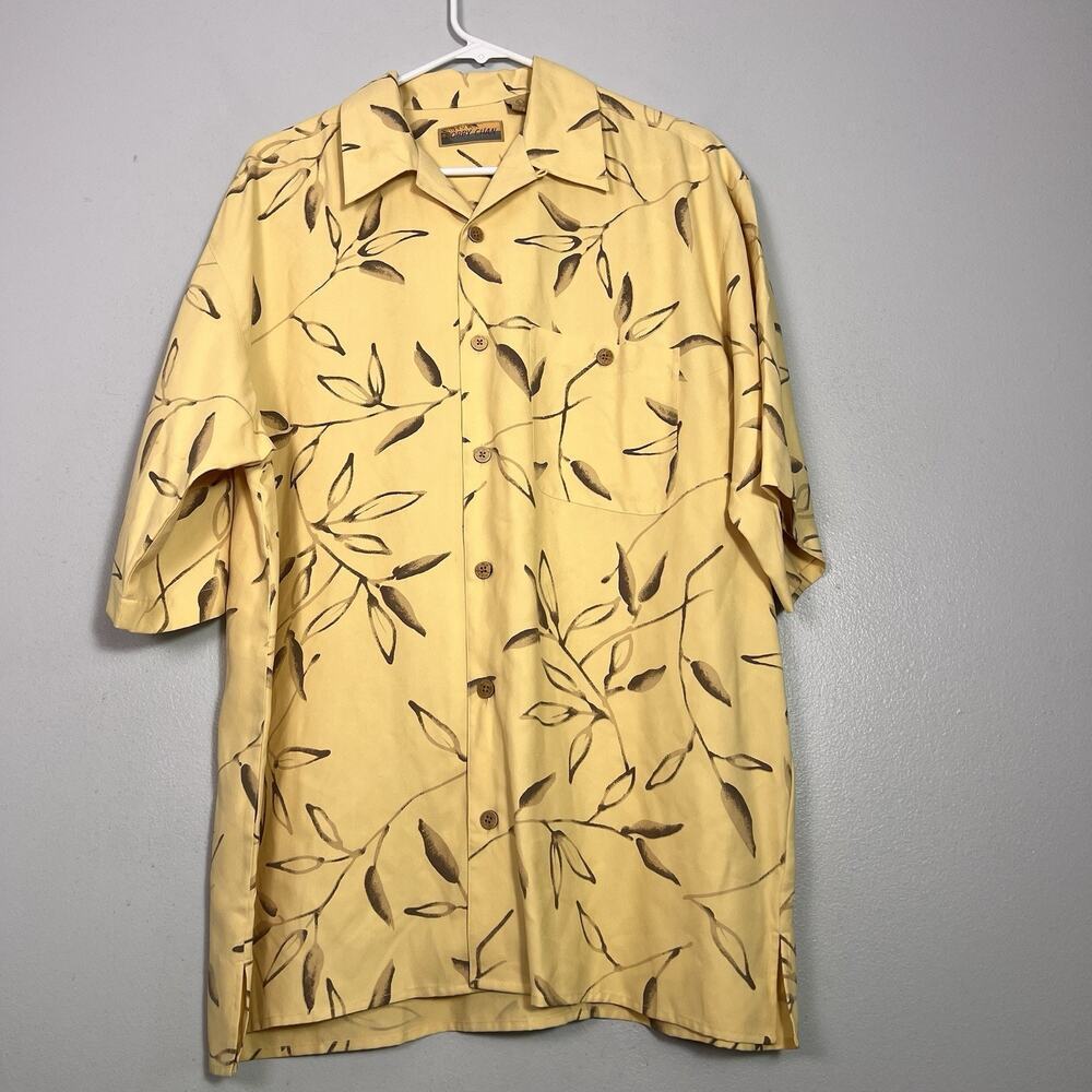 Bobby Chan Mens L Silk Short Sleeve Button Down Shirt Yellow Leaf Print Hawaii